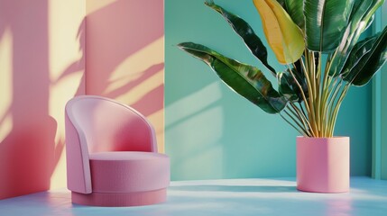 Fashionable pink high heel and tropical plant decor