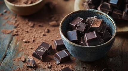 Dark chocolate chunks in a rustic ceramic bowl