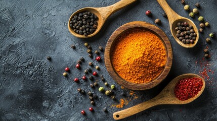 Spices and herbs arranged on a rustic stone surface