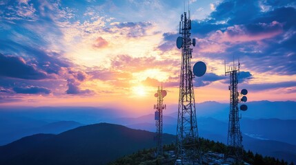 Telecommunication mast television antennas on sunset sky over a silhouette mountain landscape background.