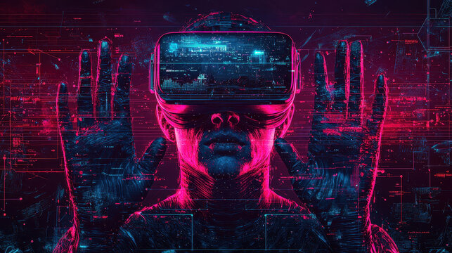 Distress in virtual reality as user faces takeover by malicious AI in a dark, glitch-filled digital realm