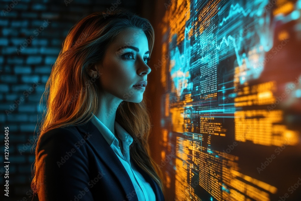 Aufkleber a woman in a business suit examines a large screen filled with dynamic data and code.