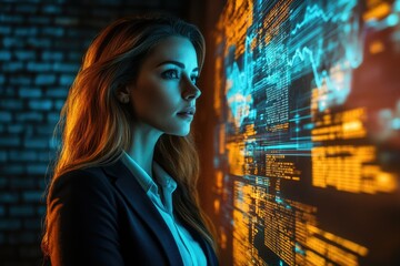 A woman in a business suit examines a large screen filled with dynamic data and code.