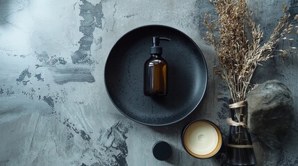 Minimalist spa scene with essential oils and dried herbs