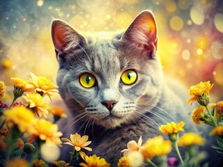Adorable Gray Cat with Bright Yellow Eyes Relaxing in Loving Arms - Double Exposure Stock Photo