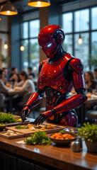 "Futuristic AI Robot Chef Preparing Food in a Modern Restaurant"