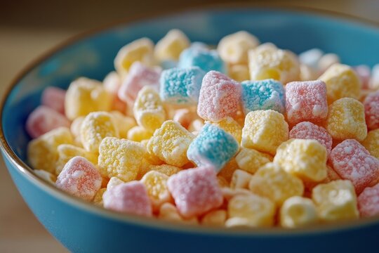 A detailed image capturing a close-up of colorful, small candies that resemble freeze-dried marshmallows. These candies are primarily yellow, pink, and blue, and they are arranged neatly in a blue bow