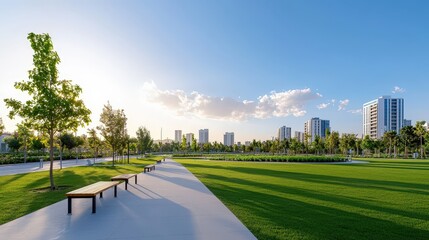 Fototapeta premium A serene park scene featuring green lawns, trees, and a pathway under a clear sky, with modern buildings in the background.