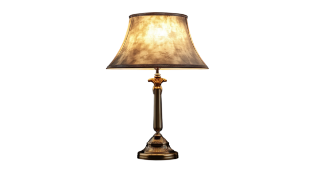 A vintage-inspired table lamp with an ornate brass base and an elegant fabric lampshade in a warm beige color, isolated on a transparent background. 