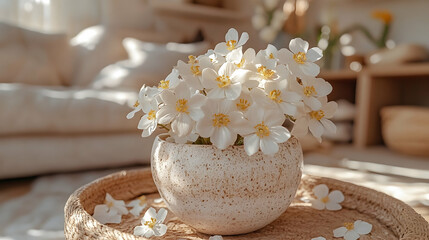 White flowers in pot on tray, sunny living room