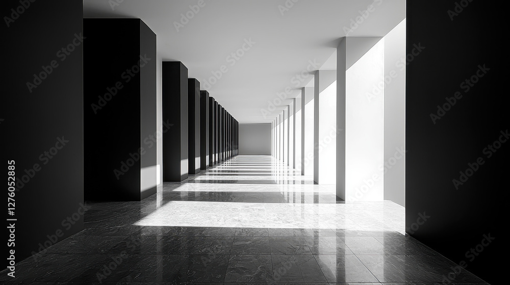 Poster exploring an avant-garde monochrome space characterized by high-contrast forms and symmetrical elega