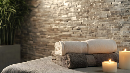 A close-up of two clean, folded towels on the edge of an elegant spa bed in front of candles
