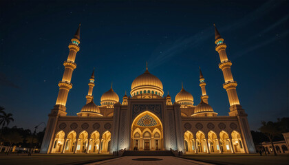 A serene mosque at night in Ramadan, glowing with lantern light under a starry sky.