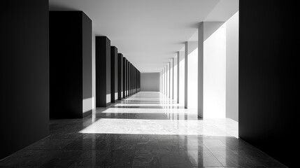 Fototapeta premium Exploring an avant-garde monochrome space characterized by high-contrast forms and symmetrical elegance under ambient light