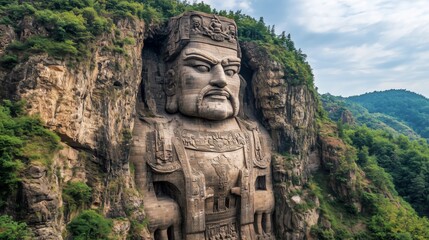 A towering statue of an ancient warrior carved into the side of a mountain