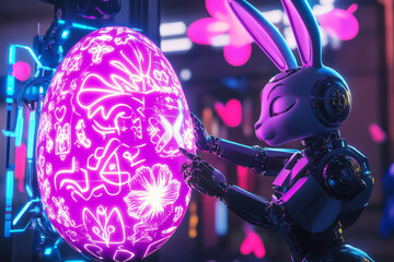 Fototapeta premium A futuristic Easter Bunny with a robotic arm, carefully painting a high-tech holographic Easter egg with glowing neon patterns.