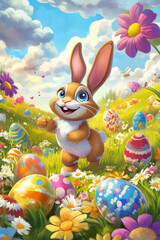 A cheerful cartoon-style bunny surrounded by oversized Easter eggs, hopping joyfully through a bright and colorful fantasy meadow.
