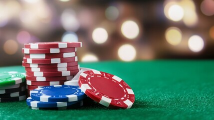 Casino Poker Chips on Green Felt - Close-up of poker chips stacked on a green felt casino table, with a blurred bokeh background