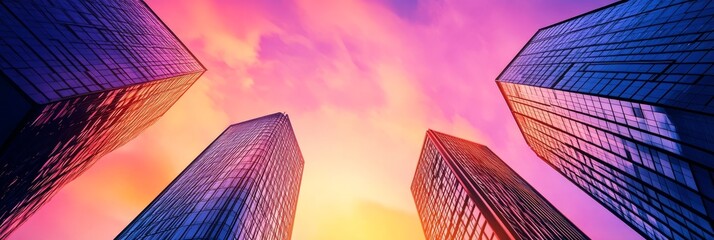 Cityscape at Sunset - Four skyscrapers rise against a vibrant pink and orange sunset sky. Modern architecture and beautiful light