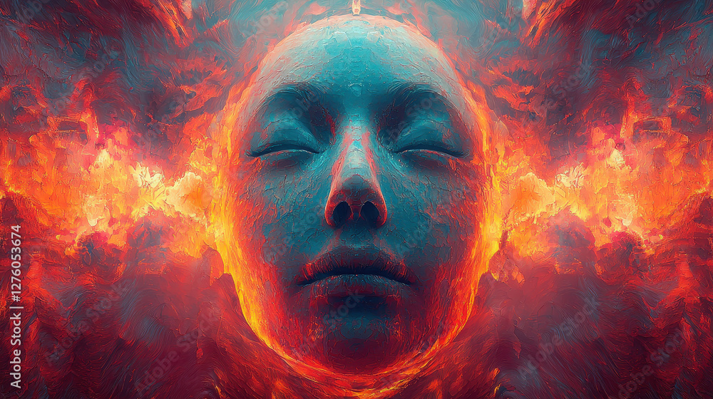 Poster exploring the depths of emotions through avant-garde abstract art and cyberpunk-inspired visuals in 