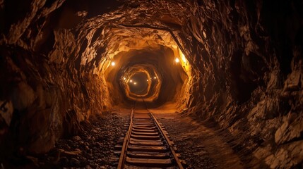 A deep mine shaft stretching into the earth, barely illuminated by lanterns