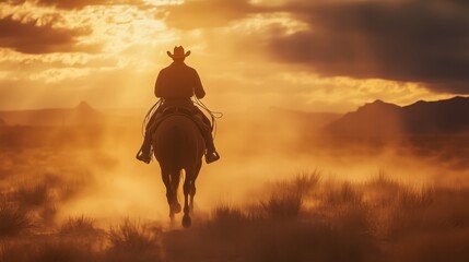 A lone cowboy riding through an endless desert, dust swirling around his horse