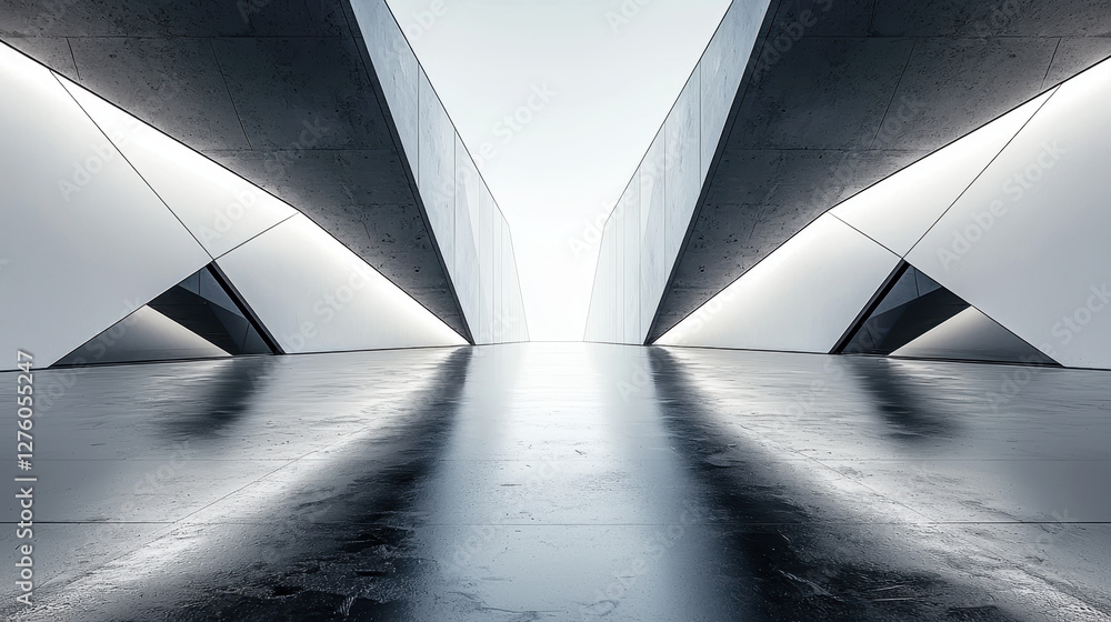 Poster futuristic avant-garde sculpture with bold geometric cuts set in an empty white space highlighting r