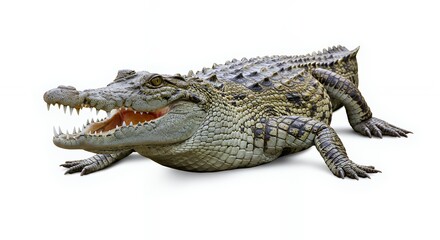 Fototapeta premium Isolated Crocodile with Open Mouth Showing Sharp Teeth on White Background