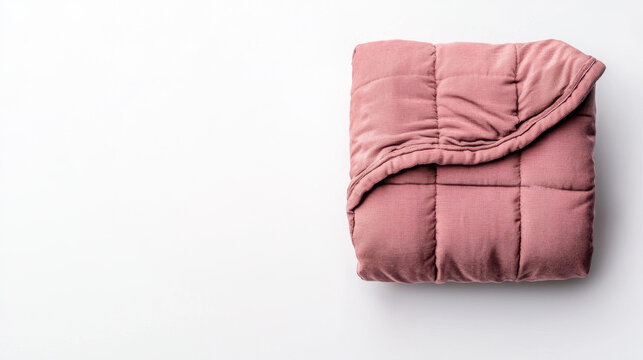 Neatly folded weighted blanket in soft pink color on white background