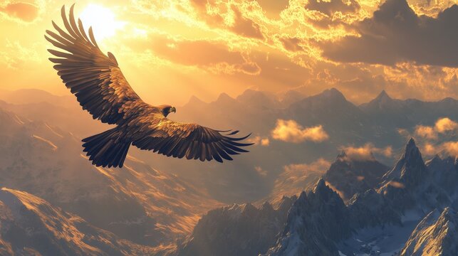 A mighty eagle soaring high above the mountains, wings fully extended against the golden sunrise
