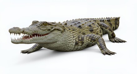 Fototapeta premium Crocodile Walking on White Background Showing Teeth and Detailed Skin