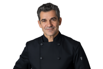 French chef in black double-breasted jacket smiling isolated on transparent white background