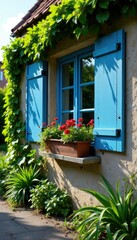 Naklejka premium Hochkletternde Hortensien an der Fassade eines alten Hauses, blau, stein, pflanzen