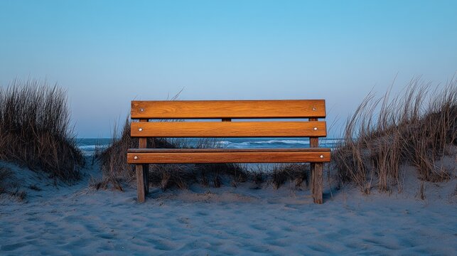 Empty wooden bench on beach at dawn