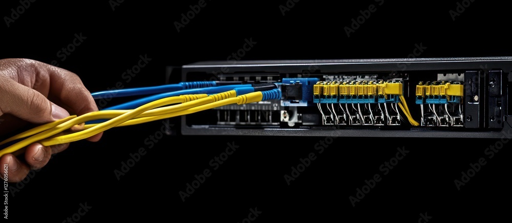 Poster high-speed fiber optic network connection: technician connecting cables to a network device