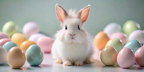 Fototapeta premium Adorable White Bunny Nestled Among Pastel Easter Eggs - Minimalist Spring Photo
