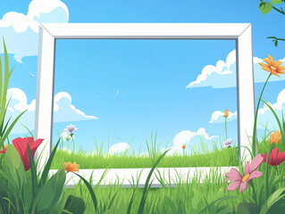 Fototapeta premium Blank photo frame on grass field