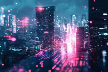 A cyberpunk-inspired background with neon holographic elements, glitch effects, and digital static. The city lights blur in the distance.