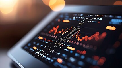 Close-up of a modern touchscreen interface displaying vibrant data analytics and graphs