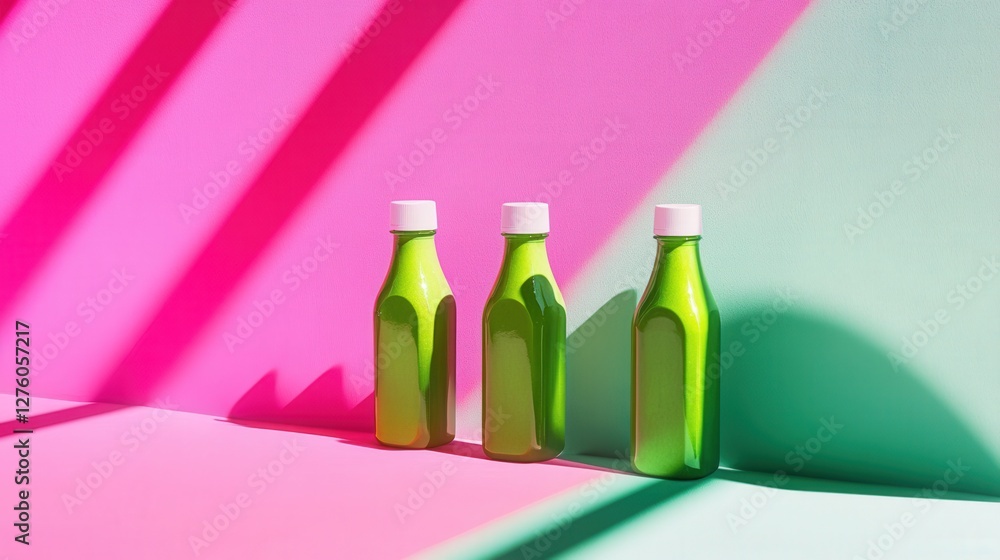 Aufkleber three vibrant green bottles arranged on a colorful backdrop with dynamic shadows