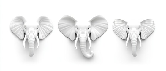 Three White Elephant Head Sculptures Modern Wall Decor
