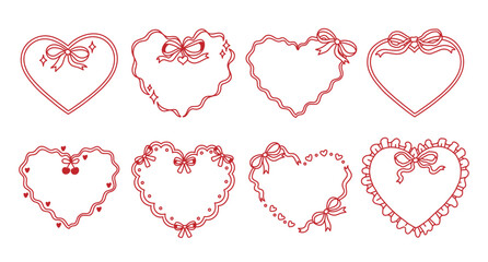 Set of ribbon heart frames decorated coquette pretty charming bows, hearts, stars, cherry, lace. Trendy borders. Vintage elements for greeting cards, wedding, invitations, social media, party