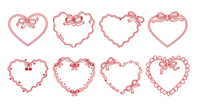 Set of ribbon heart frames decorated coquette pretty charming bows, hearts, stars, cherry, lace. Trendy borders. Vintage elements for greeting cards, wedding, invitations, social media, party