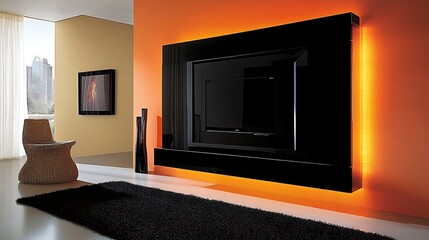 Fototapeta premium Modern TV unit, orange wall, city view