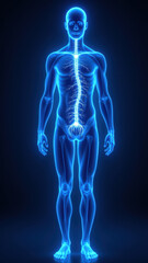 A human body with a glowing blue VNS implant highlighting the course of the vagus nerve for surgical guidance or visualization purposes.
