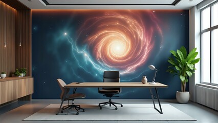 A futuristic office features a nebula-patterned wallpaper, metallic tones, and geometric accents.