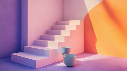Obraz premium Abstract interior design featuring colorful walls, stairs, and minimalist bowls in soft lighting