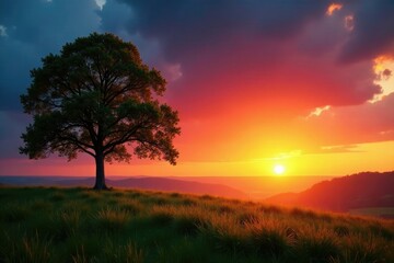 Fototapeta premium Dichte Baumkrone auf dem Horizont w?hrend Sonnenuntergangs mit warmen Farben, trees, sunset