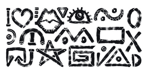 Grunge Abstract Black Forms Hand Drawn with Bold Brush Strokes. Geometric silhouettes on a white background. Playful and modern design drawn with thick lines
