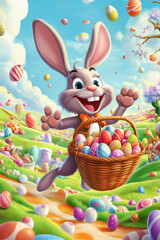A joyful cartoon Easter Bunny bouncing through a whimsical candy land, carrying a basket full of chocolate eggs, jelly beans, and marshmallow treats.
